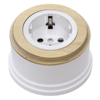 Розетка с заземлением и шторками для наружного монтажа белый/дуб некрашеный/круг